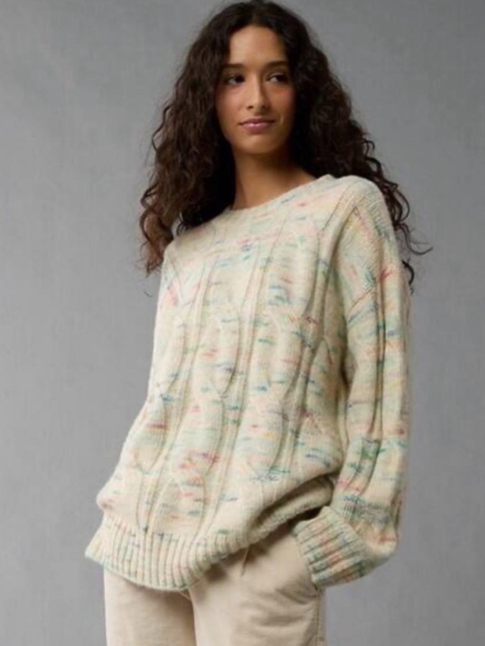 American Eagle Speckled Soft Cable Knit Crewneck Sweater Cream Medium